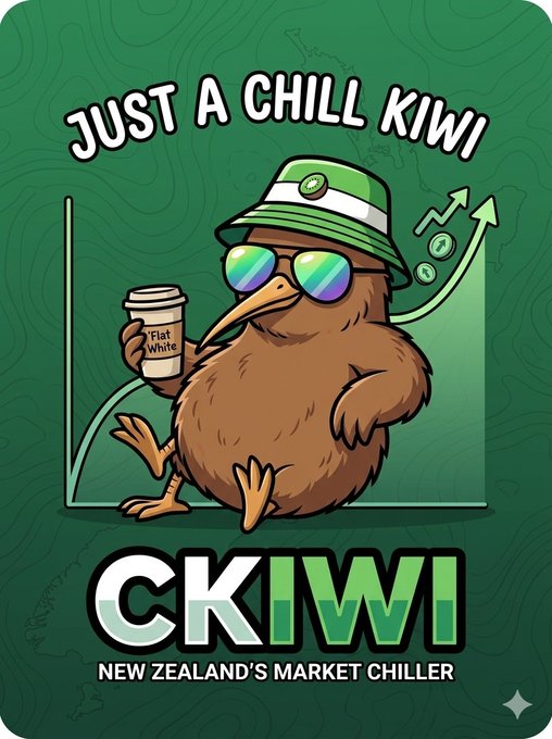 A graphic design featuring a cartoon kiwi bird wearing sunglasses and a bucket hat while holding a 'Flat White' coffee cup, with the text 'JUST A CHILL KIWI', 'CKIWI', and 'NEW ZEALAND'S MARKET CHILLER' on a green background.