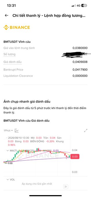 A screenshot of a Binance liquidation order details page for BMTUSDT, showing an average liquidation price and a 5-minute price chart before liquidation.