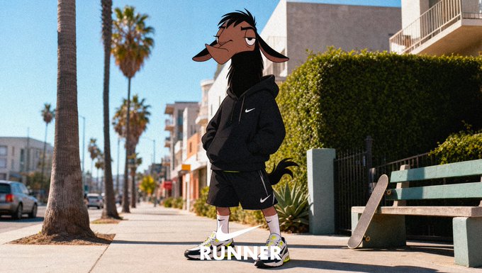 A surreal image showing a cartoon goat head superimposed on a person wearing black athletic wear, standing on a sidewalk next to a bench and skateboard with the word "RUNNER" at the bottom.