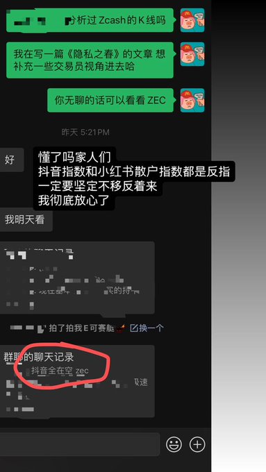 A screenshot of a Chinese messaging app conversation discussing Zcash (ZEC) trading and market indicators, with mentions of writing an article titled 《隐私之春》 (Spring of Privacy).
