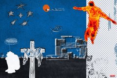 A surreal artwork featuring a figure covered in orange flowers reaching toward a blue sky filled with stars, UFOs, and falling objects, with a cross-like structure and geometric shapes below.