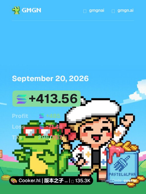 The image is a pixel-art trading dashboard screenshot from gmgn.ai dated September 20, 2026, featuring a chef character and a green frog next to a profit of +413.56 (likely in SOL), with "$STAMP" highlighted as the runner of the day—a winning mobile trade highlighted via the PastelAlpha app on Pumpfun.