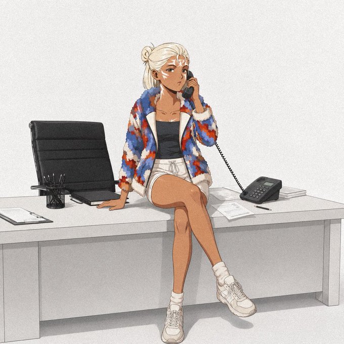 Anime-style illustration of a blonde woman with a ponytail sitting on an office desk talking on a corded phone, dressed in a blue/red tie-dye jacket, black top, and white shorts.