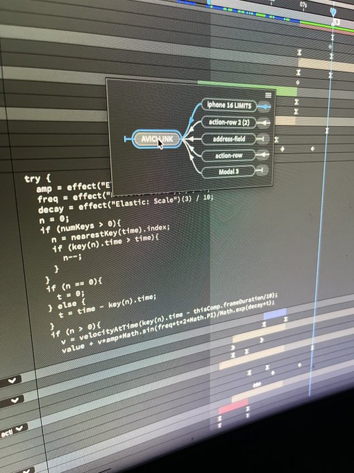 A computer screen displaying a visual programming node for 'AVLINK' with connections to 'iphone 16 LIMITS', 'action-row 2', 'address-field', 'action-row', and 'Modal 3', alongside JavaScript code for animation timing and scaling effects.