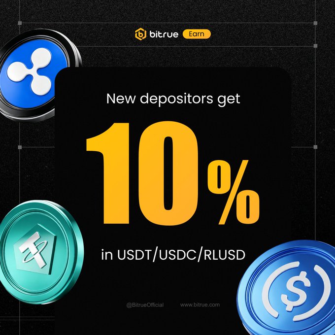 The image is a promotional graphic from Bitrue Earn advertising a 10% APR offer for new depositors in $USDT, $USDC, or $RLUSD, featuring the Bitrue logo alongside coin graphics for XRP, Tether, and USDC. It visually reinforces the post's message by highlighting the 10% return on stablecoin deposits available through Bitrue's flexible staking program.