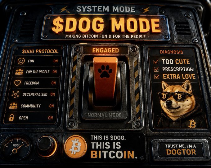 A control panel labeled '$DOG MODE' and 'SYSTEM MODE' with 'ENGAGED' status, featuring toggles for 'FUN', 'FOR THE PEOPLE', 'FREEDOM', and 'DECENTRALIZED', alongside a dog wearing Bitcoin sunglasses and the text 'THIS IS $DOG. THIS IS BITCOIN.' and 'TRUST ME, I'M A DOCTOR'.