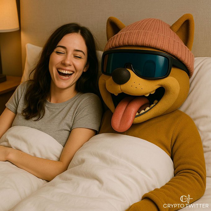 A promotional image labeled 'CRYPTO TWITTER' showing a young woman laughing in bed next to a mascot wearing an orange beanie and dark sunglasses with its tongue sticking out.
