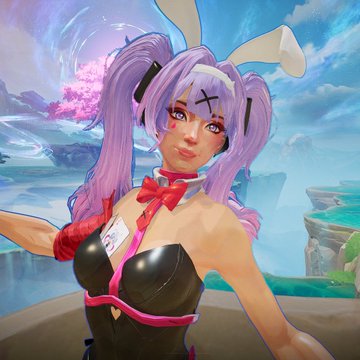 A digital painting of a purple-haired anime character wearing bunny ears and a black bunny-themed outfit with a red bow, set against a vibrant fantasy landscape.