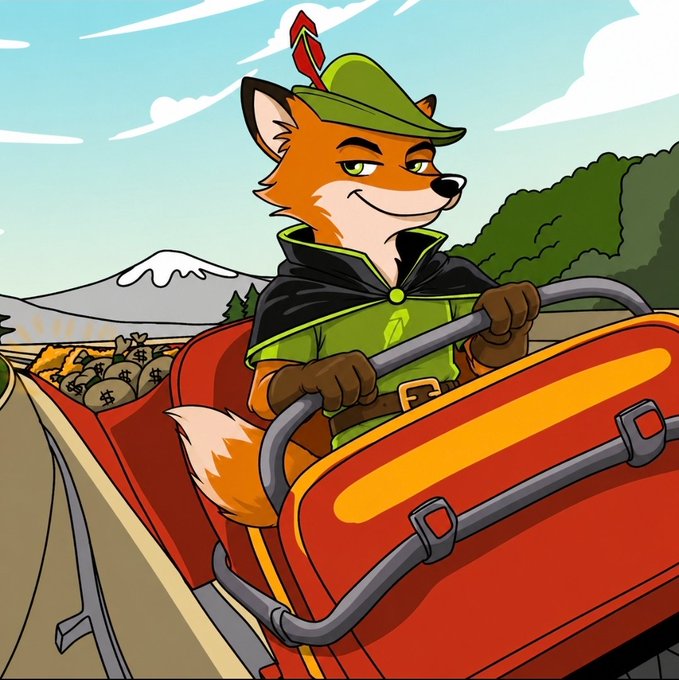 A cartoon illustration shows a fox dressed as Robin Hood in a green hat and cape riding a red roller coaster car, with money bags visible in the cart behind him.