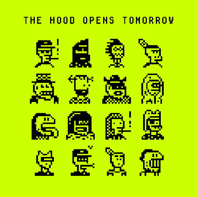 The image features the text "THE HOOD OPENS TOMORROW" displayed in pixelated font at the top, above a 4x4 grid of black pixel-art character sprites on a bright yellow-green background, likely teasing an upcoming NFT collection. The characters appear to be unique, stylized avatars in the same retro 8-bit aesthetic, fitting the post's claim of an NFT drop on Robinhood ("the Hood").