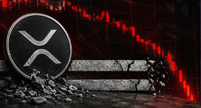 A silver XRP coin rests beside cracked concrete against a backdrop of a red candlestick chart showing a steep downward trend, symbolizing a market crash. The accompanying post frames this imagery as a warning about $XRP risks, emphasizing that genuine support means highlighting danger rather than ignoring potential losses.