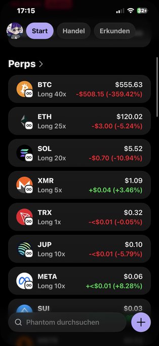 The image shows a cell phone screen displaying an extensive cryptocurrency exchange listing with various symbols for different coins, including Bitcoin, Ether, XMR, TRX, JUP, META, and others. The text on the phone reads "Also ihr hab -4 um die weiter mehr raus holen easy", which translates to "Also I am on my phone".