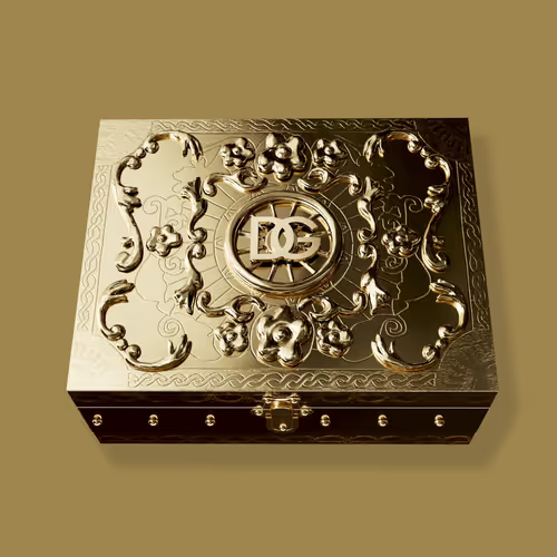A regal gold treasure chest featuring ornate baroque scrollwork and a central "DG" monogram, symbolizing Dogecoin. The caption "If you've been in the space this long ILY" celebrates early crypto veterans with the Dogecoin emblem at its heart.