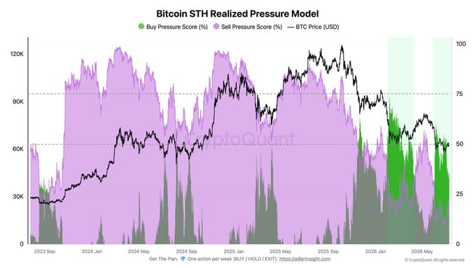 This chart, "Bitcoin STH Realized Pressure Model" from CryptoQuant, visually represents the buy (green) and sell (purple) pressure scores against the BTC price (black) from September 2023 to May 2026, aligning with the post's assertion that buy pressure is returning and selling pressure is easing.
