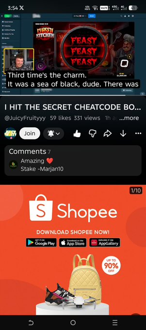 A mobile screenshot of a YouTube video titled 'I HIT THE SECRET CHEATCODE BO...' by @JuicyFruityyy showing comments, with a Shopee app advertisement below offering up to 90% off.