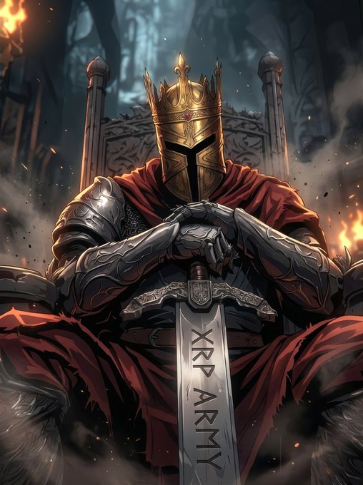 The image features a man dressed as a knight, sitting on a throne with a sword in his hand. The caption reads "GM #XRPArmy We don' t need to charge. We're already seated where we belong." This suggests that the knight is part of an organization or group that uses cryptocurrency for their operations and wants to emphasize the importance of digital currency within their community.

The image also includes a fire element, which could be interpreted as a symbol of power or strength in this context. The combination of these elements creates a visually striking scene that highlights the knight's role and the significance of the post.