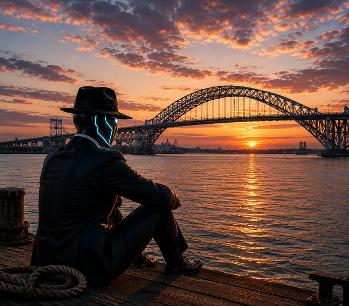 A figure in a dark suit and wide-brimmed hat with glowing neon mask sits contemplatively on a wooden dock at sunset, overlooking a large arched bridge spanning calm waters with a dramatic orange and pink sky in the background.

The image's serene, reflective mood of starting fresh at dawn mirrors the post's "Monday reset" theme of embracing a clean slate, while the masked figure embodies the mysterious, focused energy of stacking small wins and building toward the future—just like the rising sun over the horizon symbolizing new opportunities in the crypto tickers mentioned ($SOL, $SUI, $BONK, etc.).