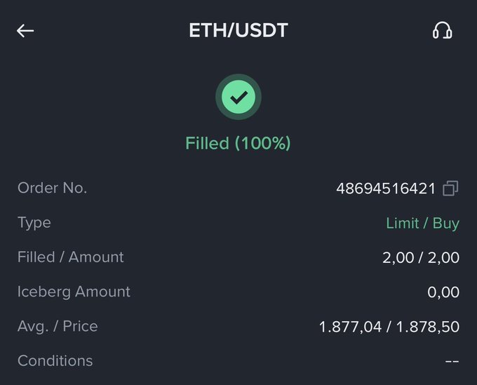 A screenshot of a cryptocurrency trading interface showing a fully filled ETH/USDT limit buy order, with details including order number 48694516421, filled amount 2.00, and an average price of 1,877.04.