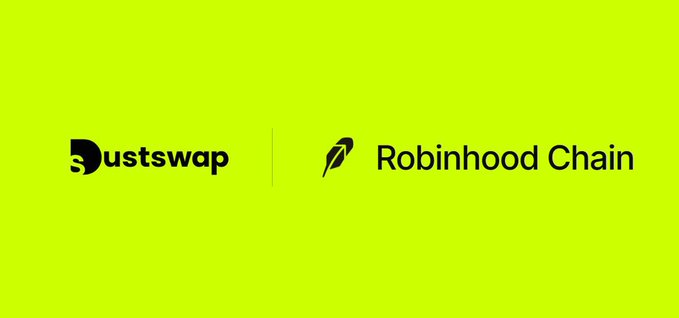 A promotional graphic with a bright green background displaying the logos for Dustswap and Robinhood Chain side by side.