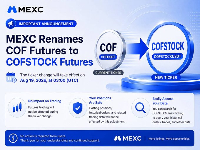 MEXC announcement graphic stating 'MEXC Renames COF Futures to COFSTOCK Futures' effective August 19, 2026, showing the ticker change from COFUSDT to COFSTOCKUSDT.