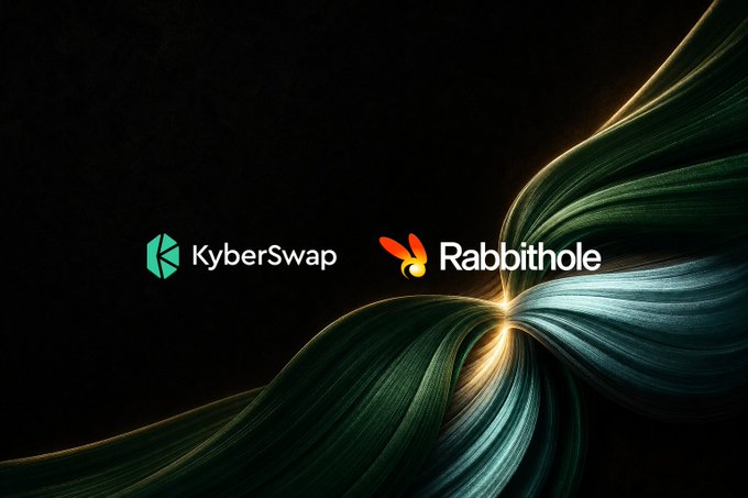 Partnership announcement banner showing the KyberSwap and Rabbithole logos displayed side-by-side against a dark background with flowing green and gold abstract ribbons.