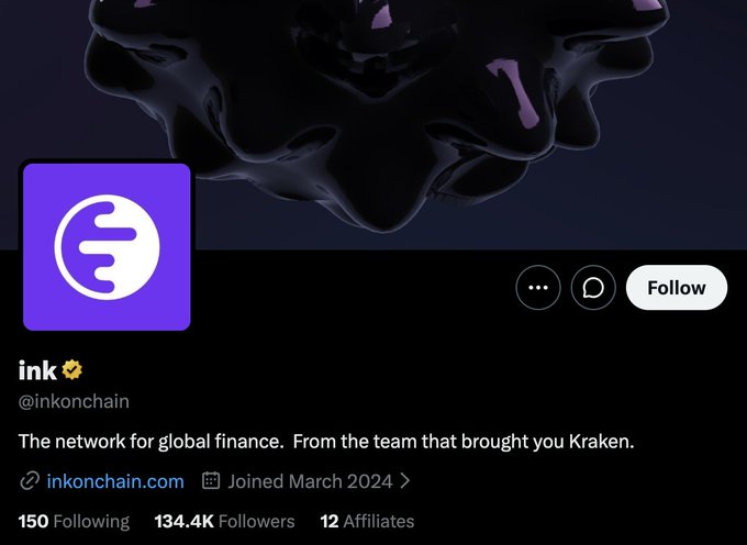 The image shows an X (Twitter) profile for "ink" (@inkonchain), featuring a purple logo with a white "C" symbol against a dark, glossy liquid-like background, with the bio "The network for global finance. From the team that brought you Kraken." and stats showing 134.4K followers. The profile supports the post's mention of @inkonchain as one of four chains being highlighted as a potential Robinhood alternative, emphasizing its credibility through the Kraken team's backing.