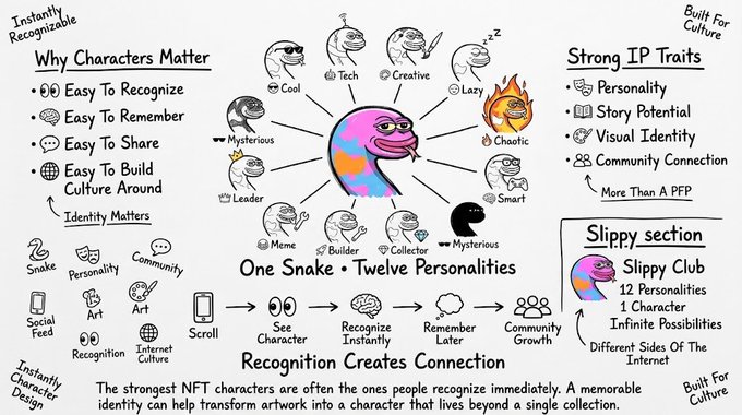 An infographic titled 'Why Characters Matter' displays a 'One Snake • Twelve Personalities' wheel featuring a colorful snake character with traits like Tech, Creative, Lazy, Chaotic, Smart, Mysterious, Leader, Meme, Builder, and Collector, plus sections on Strong IP Traits and Recognition Creates Connection.