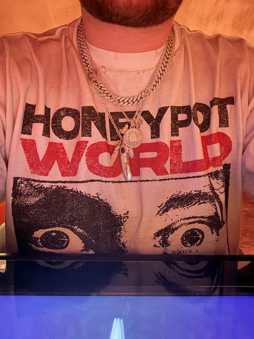 A person wearing a gray 'HONEYPOT WORLD' graphic t-shirt displays two gold chain necklaces with pendants.