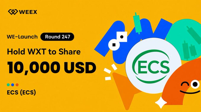 A promotional WEEX 'WE-Launch Round 247' graphic on an orange background advertising 'Hold WXT to Share 10,000 USD' for ECS (ECS) token.