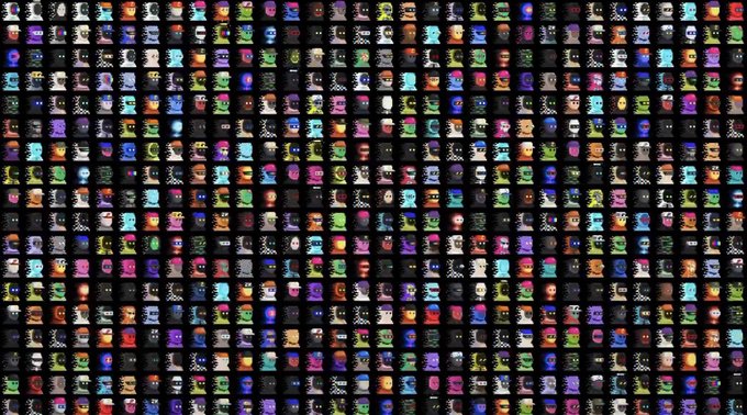 A large grid of small colorful character icons or avatars arranged in rows against a black background, appearing to be NFT-style digital collectibles.