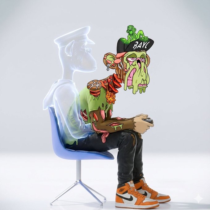 A stylized 3D-rendered figure sits on a blue chair playing a video game, with a translucent ghostly head and surreal pizza-and-creature distortions emerging from the body, while wearing orange and white Nike Air Jordan 1 sneakers. The accompanying post reads "BAYC" on the character's hat, tying the surreal aesthetic to the Bored Ape Yacht Club NFT collection, fitting the "locked in" gaming and crypto vibe.