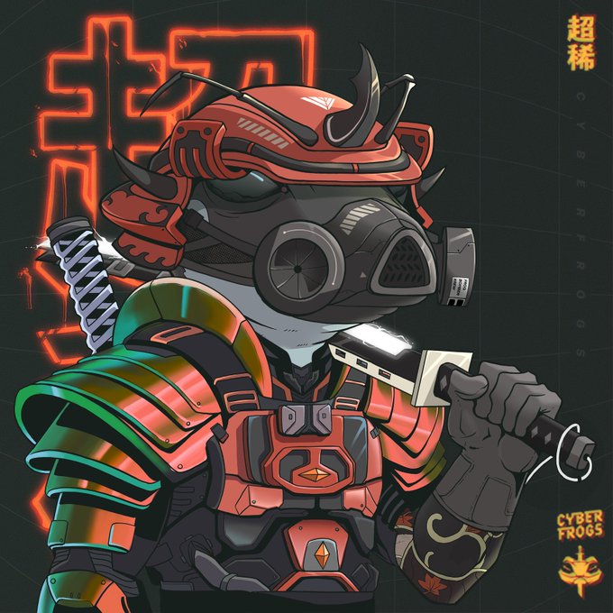A stylized digital illustration of a cyberpunk frog warrior in red and green armor holding a katana, with Japanese text and 'CYBER FROGS' in the corner.