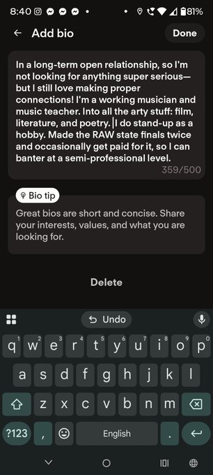 A screenshot of a phone shows an "Add bio" text field with 359/500 characters, describing a working musician in an open relationship who does film, literature, and poetry.