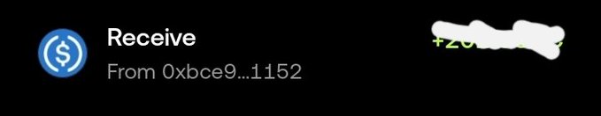 A cryptocurrency transaction notification showing a receive of approximately $20 from wallet address 0xbce9...1152, representing their "first win" on Arc before DCA'ing into $KNOTS.
