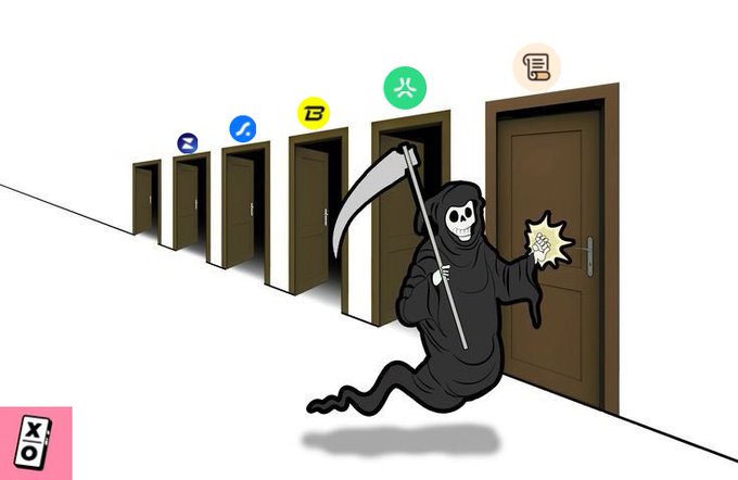 An illustration of the Grim Reaper holding a scythe and a fish stands before a row of doors marked with various cryptocurrency logos.