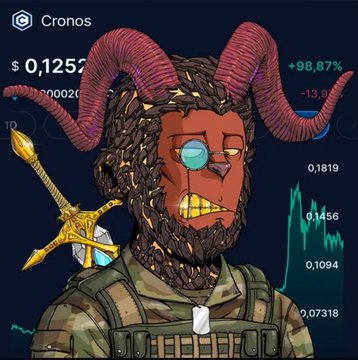 A digital illustration of a goat-headed character with a golden sword against a background displaying cryptocurrency trading information for "Cronos" at $0.1257 with a +98.87% change.
