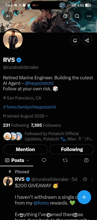 A Twitter/X profile page for 'RVS' (@ruralvalidsnake) with a blue verification checkmark, describing himself as a 'Retired Marine Engineer. Building the cutest AI Agent - @heypotatchi'. The pinned post announces a '$200 GIVEAWAY' from fomo rewards.