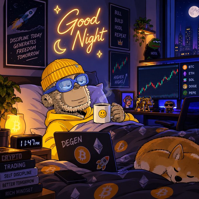 A colorful crypto-themed illustration shows an animal-like character in bed with a laptop marked “DEGEN,” Bitcoin and Ethereum imagery, coin tickers “BTC,” “ETH,” “SOL,” “DOGE,” and “PEPE,” and neon text reading “Good Night.”