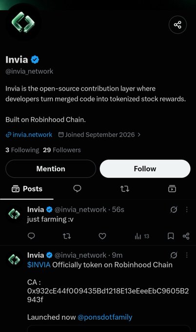 A profile page for Invia (@invia_network), an open-source contribution layer for tokenized stock rewards built on Robinhood Chain, showing posts about their $INVIA token launch.