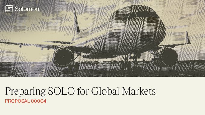 A cover slide titled "Preparing SOLO for Global Markets" (Proposal 00004) by Solomon, featuring a stylized halftone image of a commercial airplane on a runway, visually symbolizing SOLO's upcoming expansion and global launch described in the accompanying post.