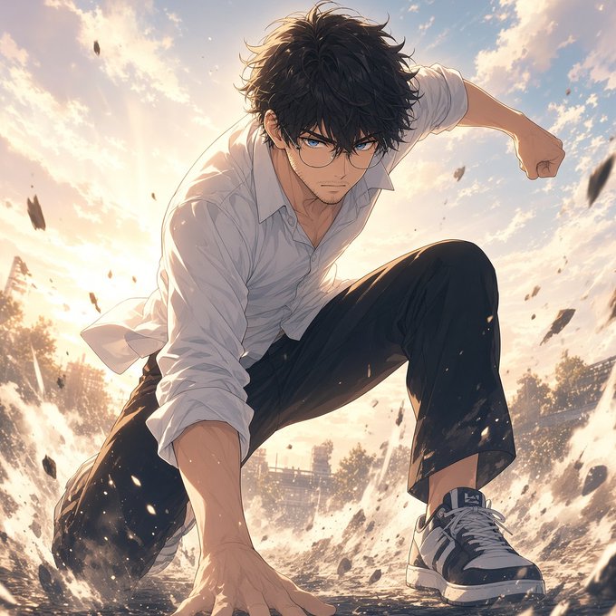 An anime-style illustration of a young man with messy black hair and blue eyes in a dynamic crouched pose, wearing a white shirt and dark pants with sneakers, set against a dramatic cloudy sky.