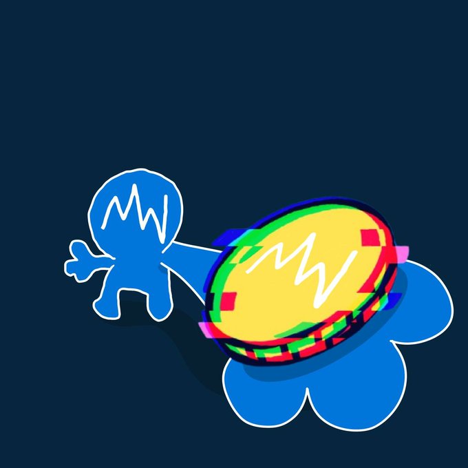 A digital artwork featuring blue cartoon character outlines alongside a colorful, glitch-effect oval shape on a dark blue background.