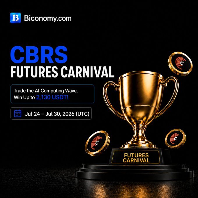 A Biconomy.com promotional banner for the 'CBRS FUTURES CARNIVAL' trading event, featuring a golden trophy and offering up to 2,130 USDT in prizes from July 24-30, 2026.