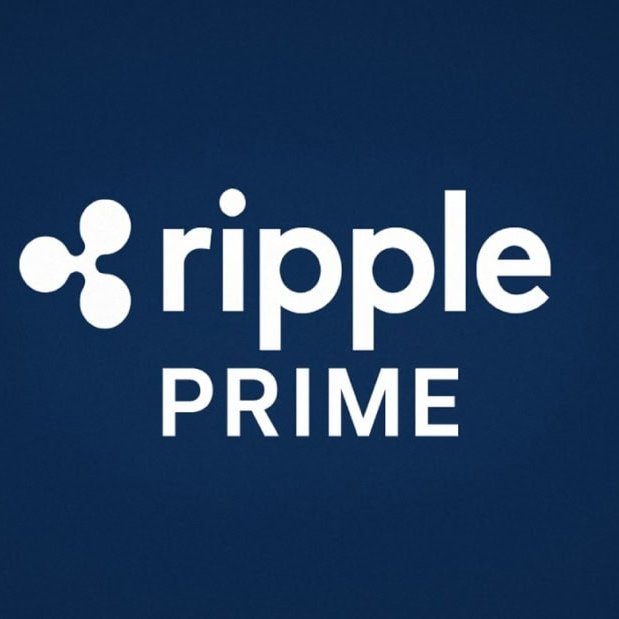 The image displays the Ripple Prime logo, featuring a white three-lobed symbol next to the words "ripple" and "PRIME" in white text against a navy blue background. This branding ties directly to the announcement that Ripple Prime is launching a new Delta One business to offer total return swaps on US equities, indexes, and digital assets to institutional clients.