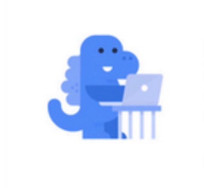 A blue cartoon dinosaur mascot sits at a desk using a laptop, resembling Google's offline dino game reimagined as a productivity character. The image pairs with the post referencing "$zuckasaurus" on Base, using the dinosaur as a playful symbol for the Meta/Facebook-themed crypto community.