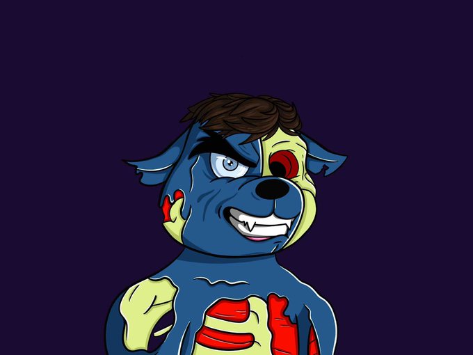 A cartoon illustration of a blue, dog-like character with brown hair and visible ribs against a dark purple background.