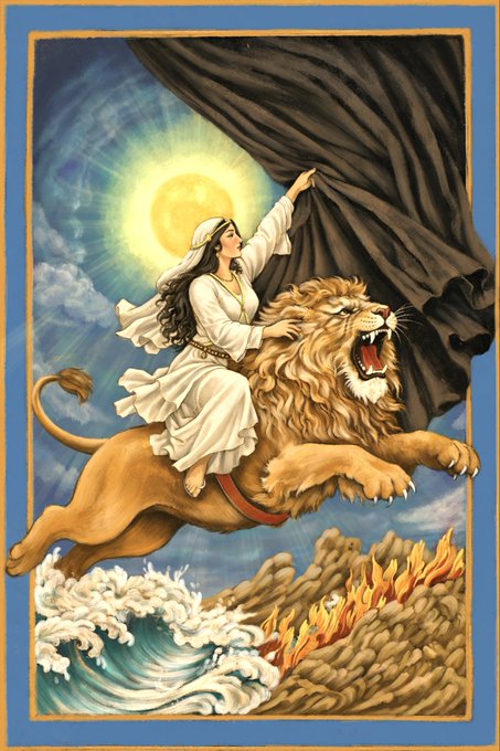 A tarot-style illustration depicting a robed woman riding a lion through the air, pulling back a dark curtain to reveal a glowing sun, with crashing waves and flames below.