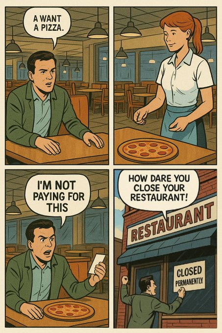A comic shows a man ordering a pizza, refusing to pay for it, and then being permanently banned from the restaurant, illustrating how unpaid contributors will eventually leave if not properly compensated.