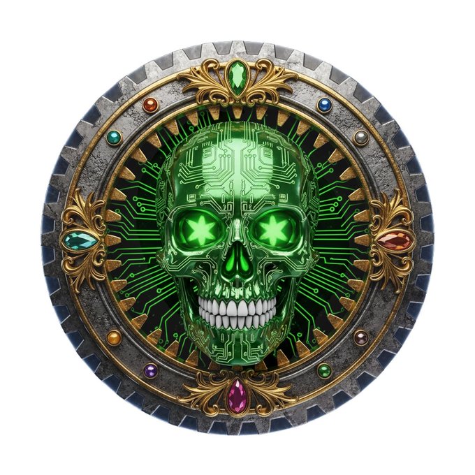 An ornate circular emblem featuring a green circuit board-style skull with glowing green star eyes, surrounded by colorful gemstones and gold filigree in a metallic frame.