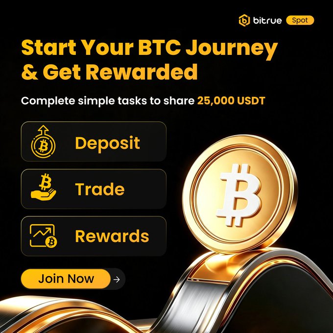 A Bitrue Spot promotional banner inviting users to "Start Your BTC Journey & Get Rewarded" by completing simple tasks (Deposit, Trade, Rewards) to share in a 25,000 USDT prize pool, complementing the post's offer of triple welcome rewards including deposit and trading bonuses for new BTC users.